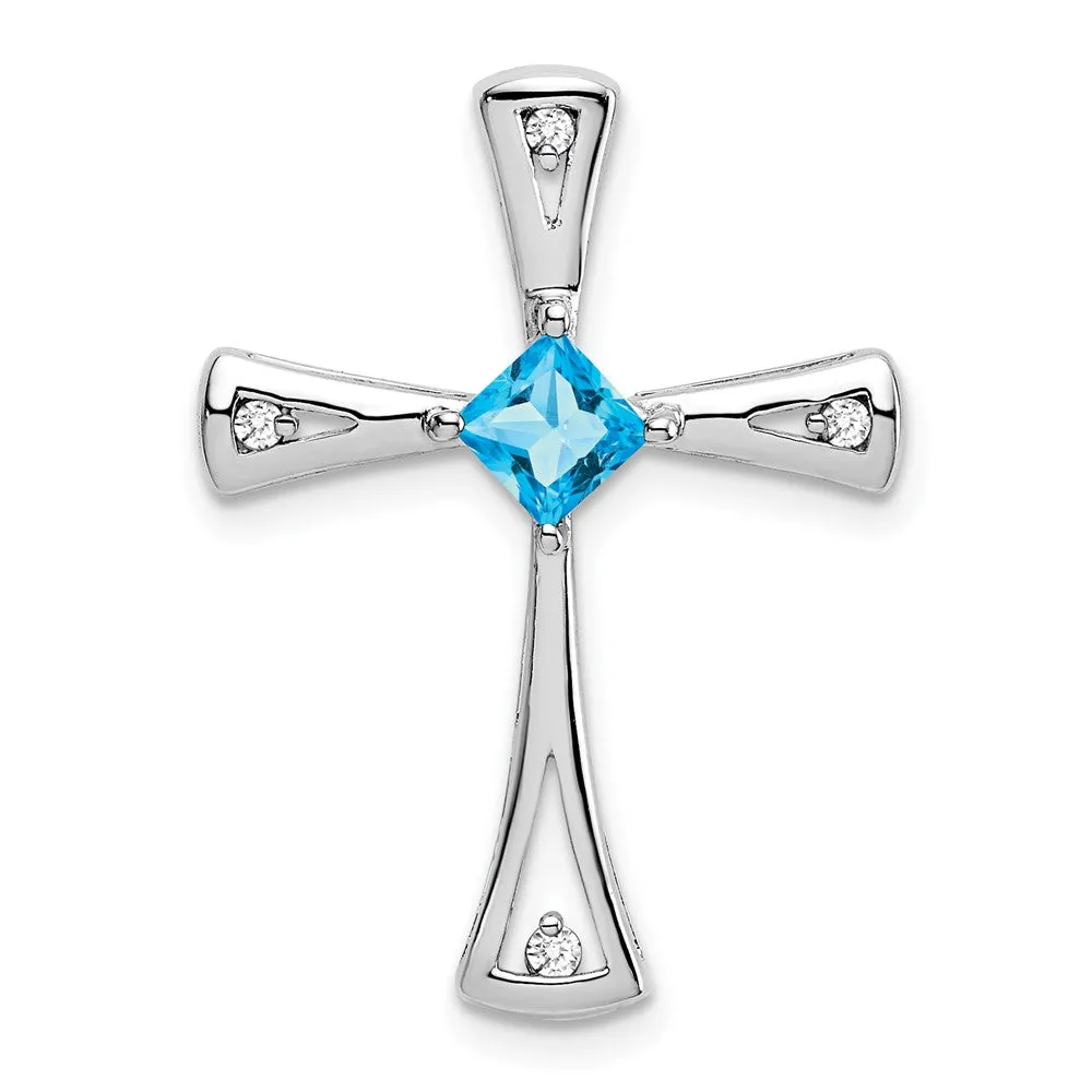 14k White Gold Blue Topaz and Diamond Cross Chain Slide