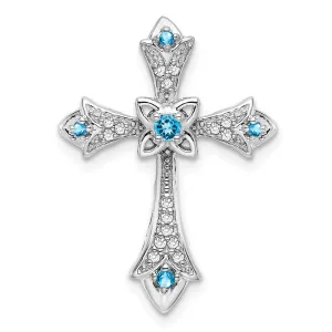 14k White Gold Blue Topaz and Diamond Fleur de Lis Cross Chain Slide