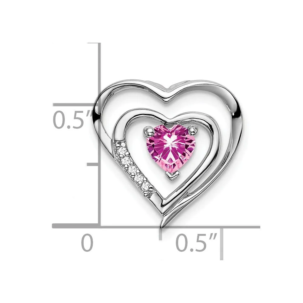 14k White Gold Created Pink Sapphire and Diamond Heart Pendant