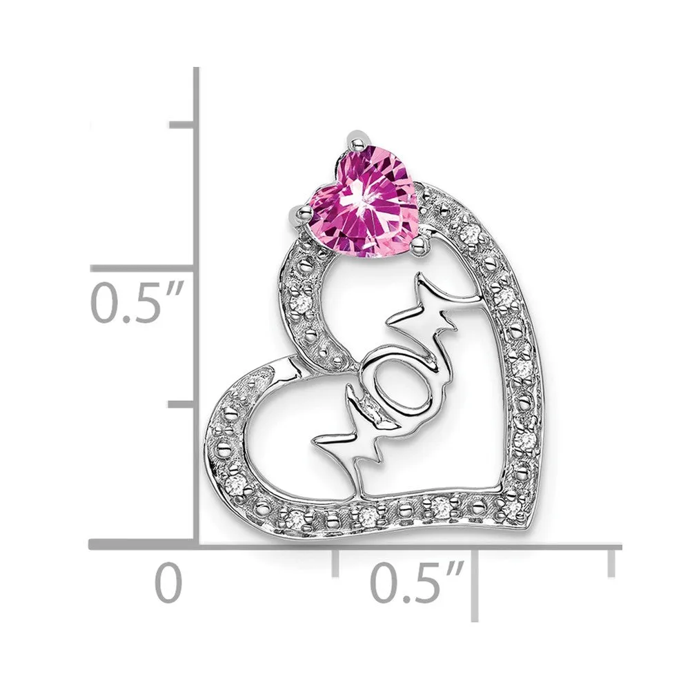 14k White Gold Created Pink Sapphire/Diamond MOM Heart Pendant