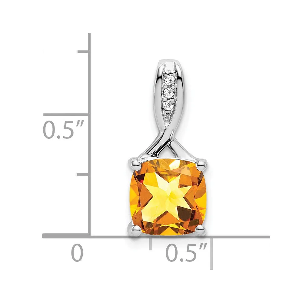 14k White Gold Cushion Citrine and Diamond Pendant
