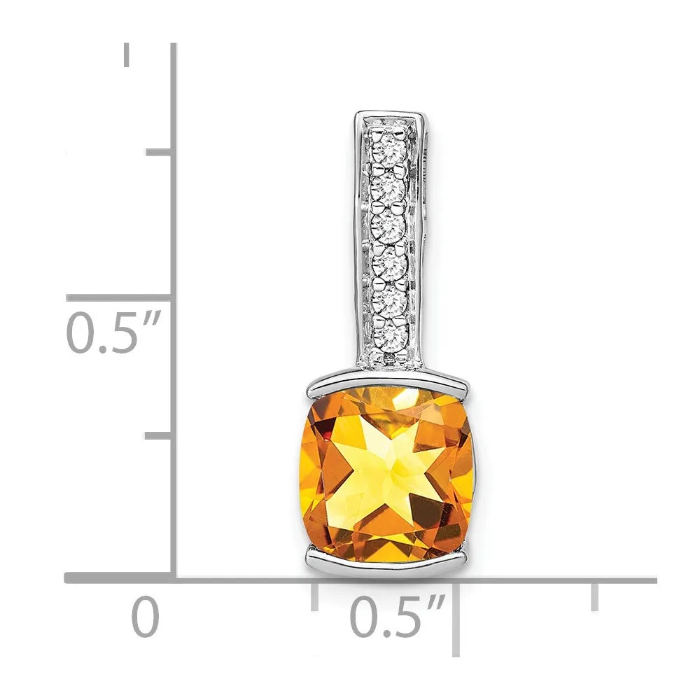 14k White Gold Cushion Citrine and Diamond Pendant
