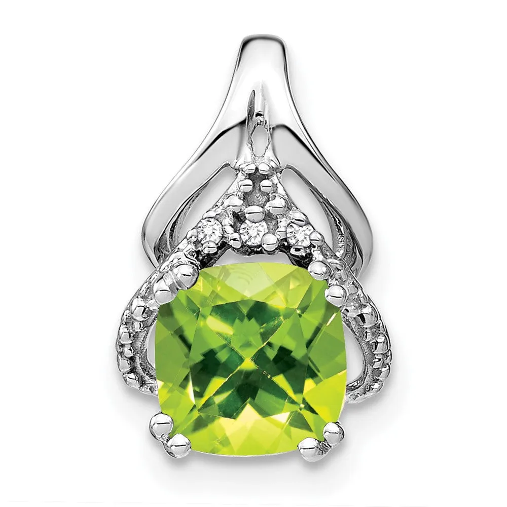 14k White Gold Cushion Peridot and Diamond Pendant