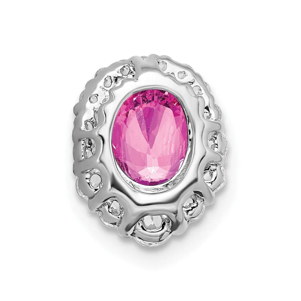 14k White Gold Oval Creat. Pink Sapphire/Diamond Halo Chain Slide