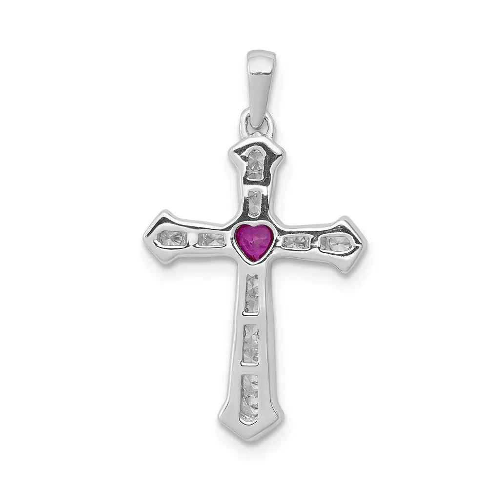 14k White Gold Ruby and Diamond Heart Cross Pendant