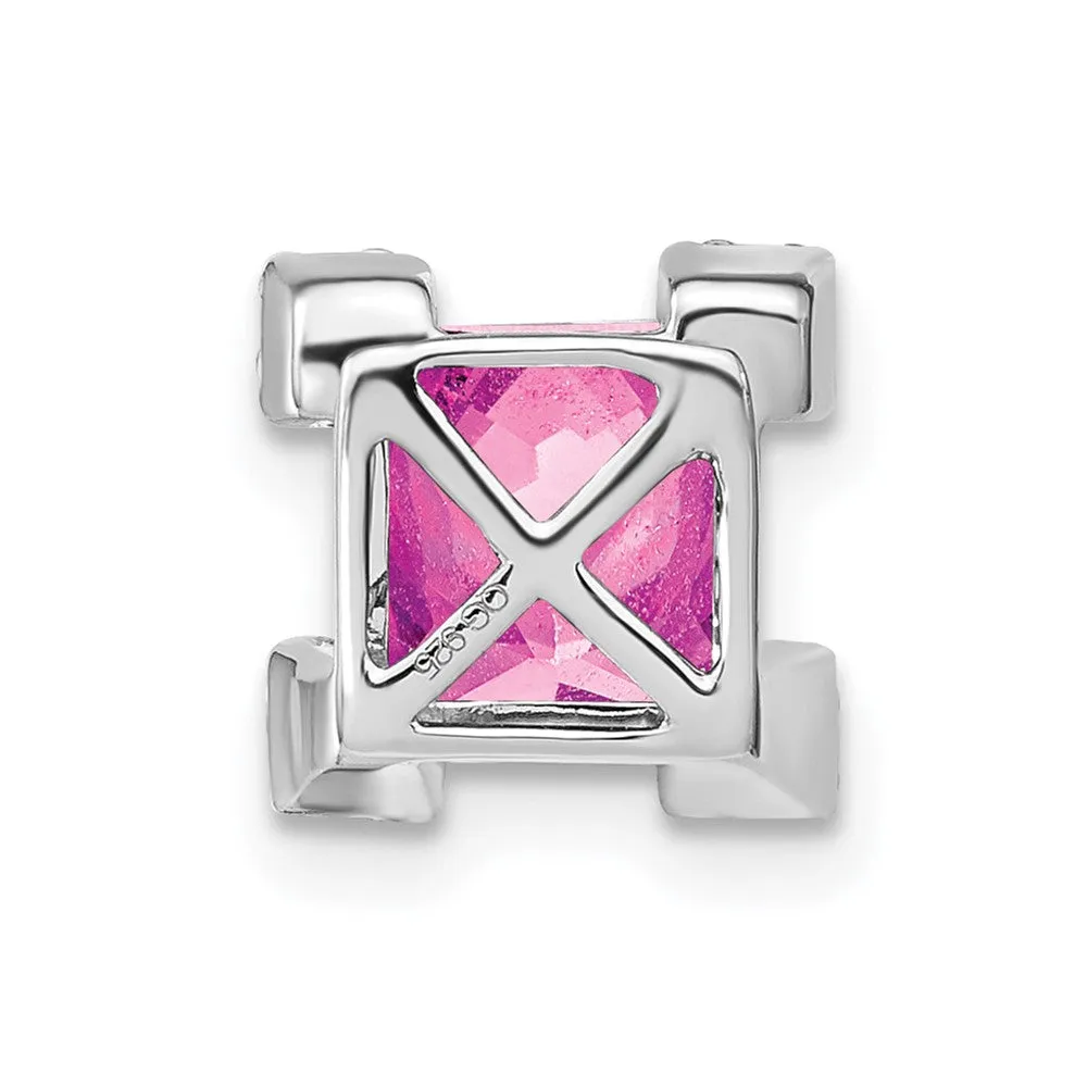 14k White Gold Square Created Pink Sapphire/Diamond Chain Slide
