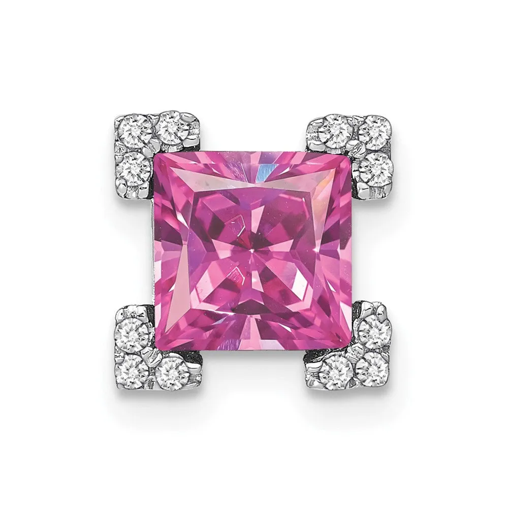14k White Gold Square Created Pink Sapphire/Diamond Chain Slide
