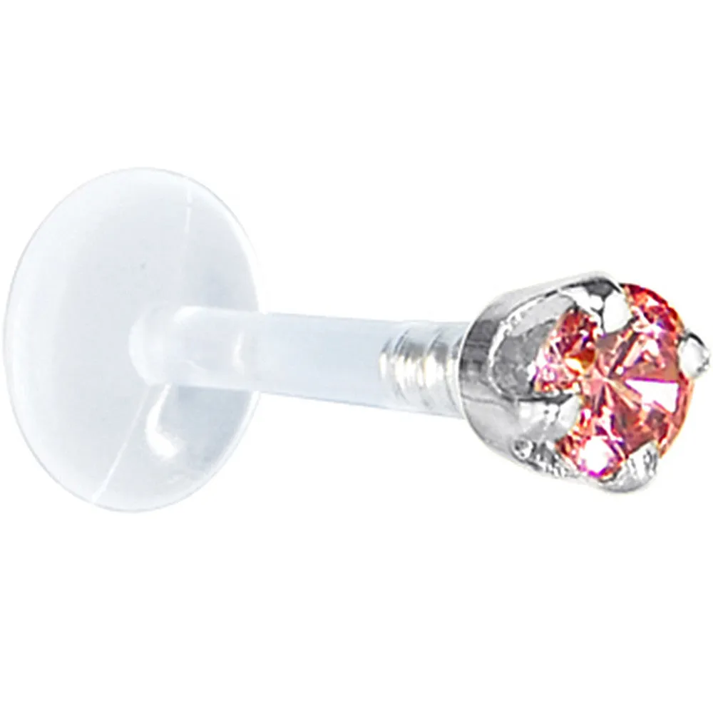 16 Gauge 1/4 Solid 14KT White Gold 3mm Salmon Cubic Zirconia Bioplast Tragus Earring Stud