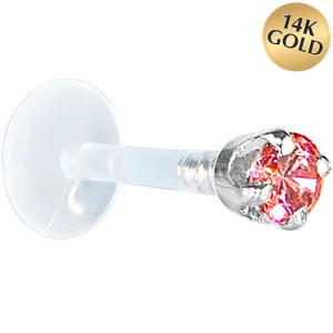 16 Gauge 1/4 Solid 14KT White Gold 3mm Salmon Cubic Zirconia Bioplast Tragus Earring Stud