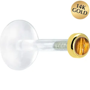 16 Gauge 1/4 Solid 14KT Yellow Gold 2mm Genuine Tiger Eye Bioplast Tragus Earring Stud
