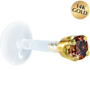 16 Gauge 1/4 Solid 14KT Yellow Gold 3mm Brown Cubic Zirconia Bioplast Tragus Earring Stud