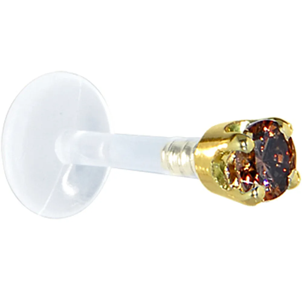 16 Gauge 1/4 Solid 14KT Yellow Gold 3mm Brown Cubic Zirconia Bioplast Tragus Earring Stud