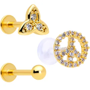 16 Gauge 5/16 Clear CZ Gem Gold Tone Peace Labret Tragus Set of 3