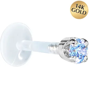 16 Gauge 5/16 Solid 14KT White Gold 3mm Plexi Blue Cubic Zirconia Bioplast Tragus Earring Stud