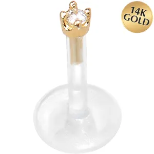 16 Gauge 5/16 Solid 14KT Yellow Gold 1.5mm CZ Bioplast Push in Tragus Earring