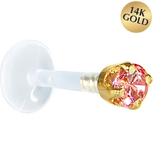 16 Gauge 5/16 Solid 14KT Yellow Gold 3mm Salmon Cubic Zirconia Bioplast Tragus Earring Stud