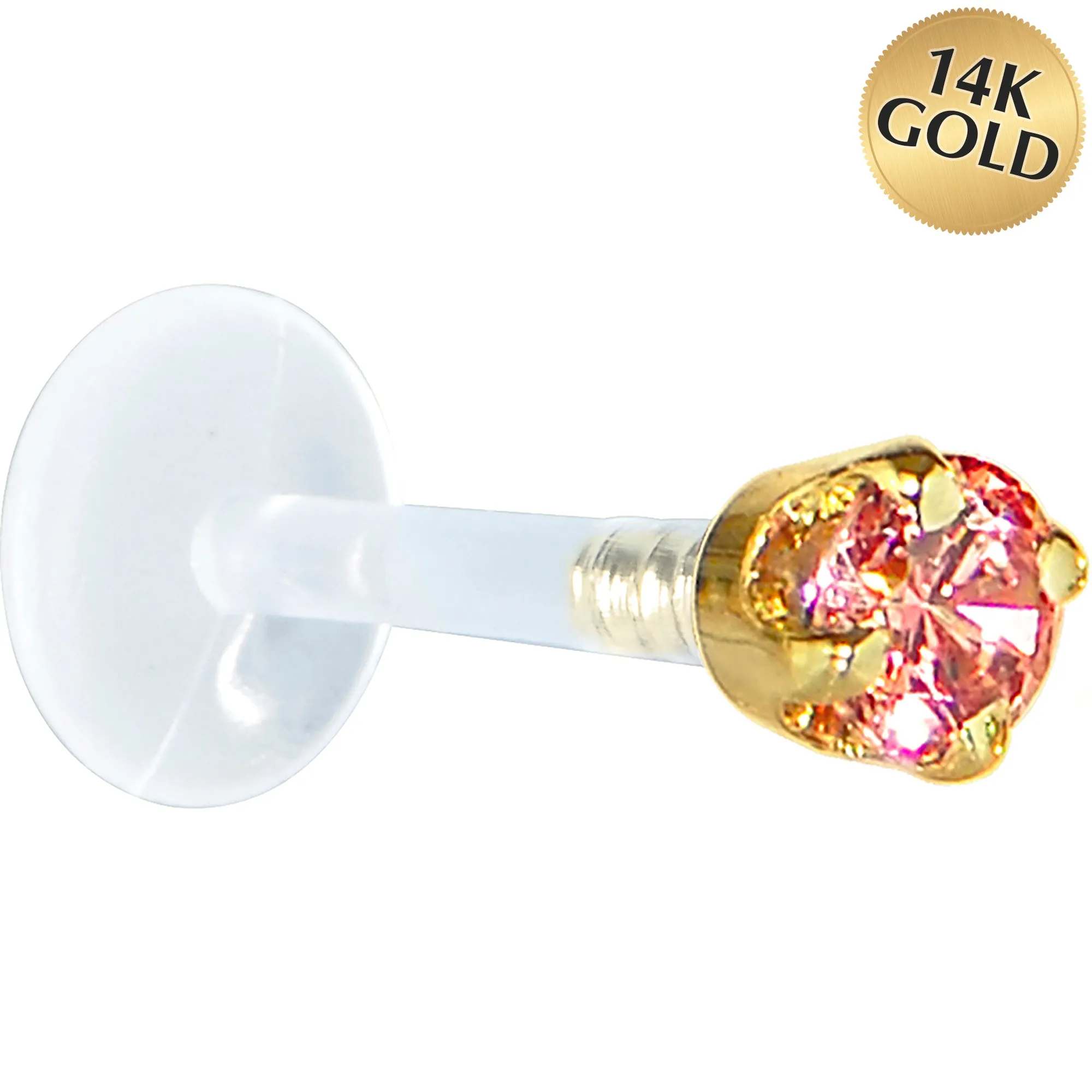 16 Gauge 5/16 Solid 14KT Yellow Gold 3mm Salmon Cubic Zirconia Bioplast Tragus Earring Stud
