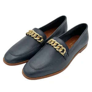 Aurora Navy Calf Loafer with Gold Chain