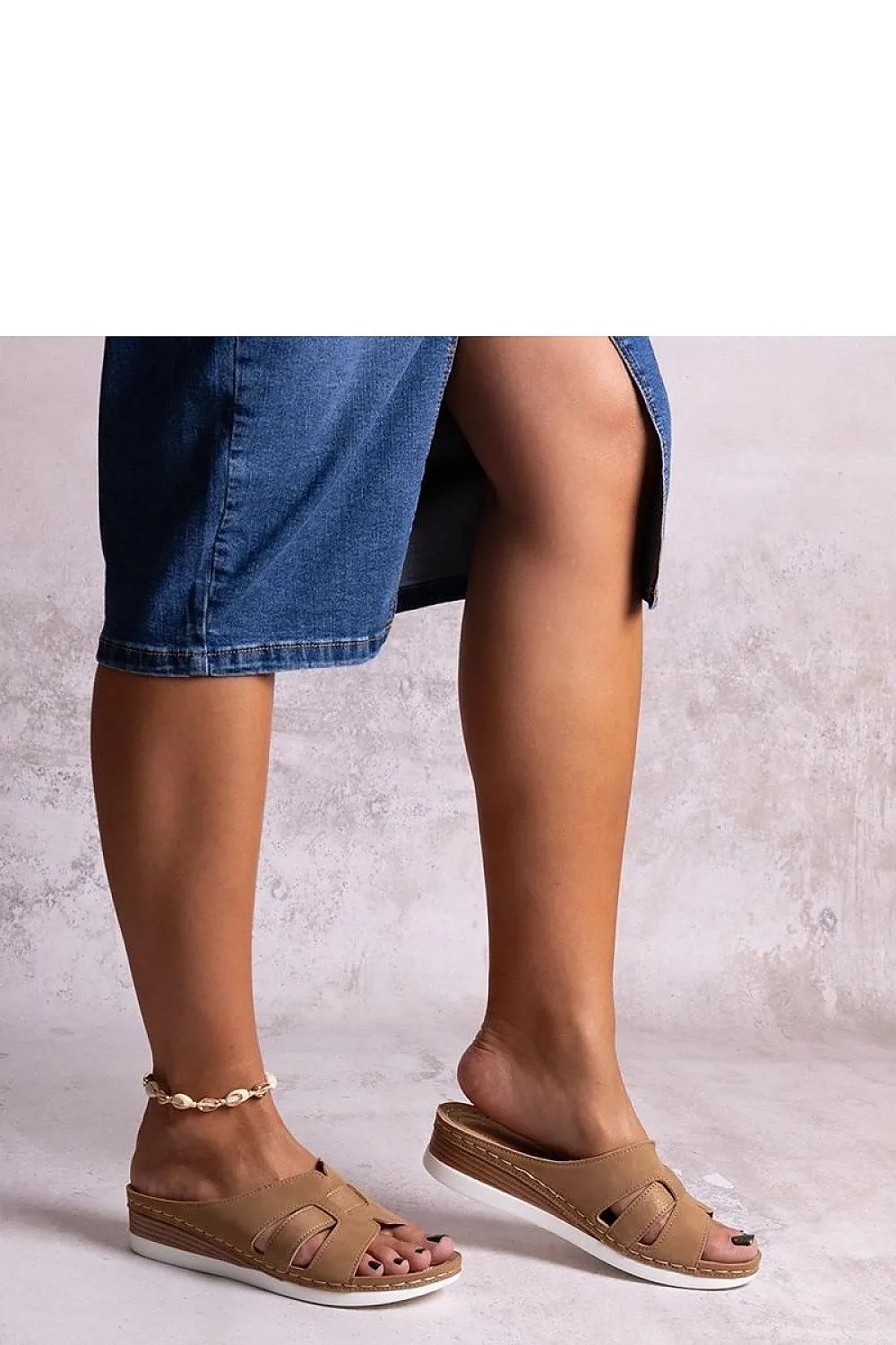 Beige lightweight slides with a low wedge heel