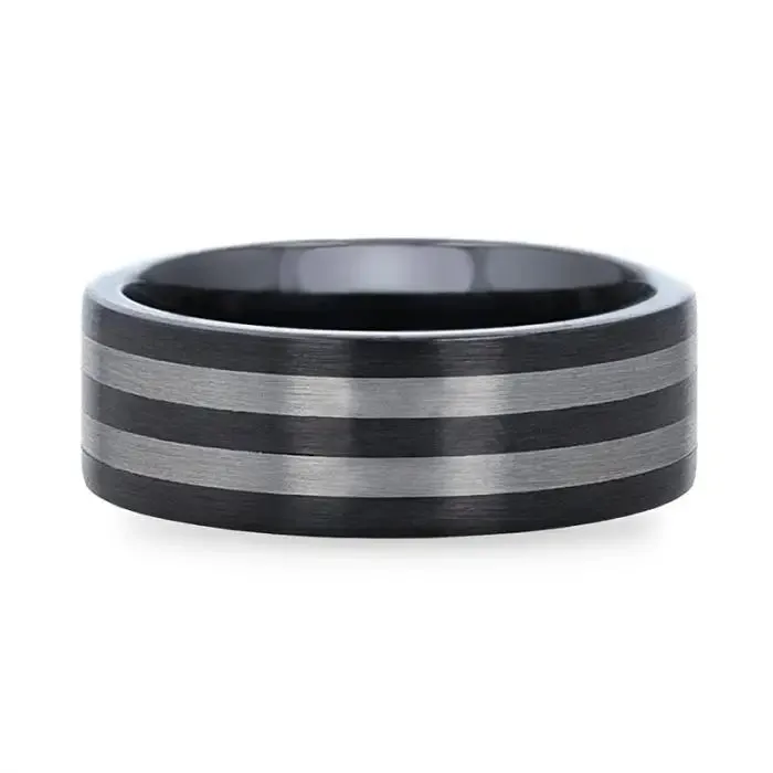 BETA Ceramic Ring with Tungsten Inlay With Flat Brushed Edges - 8 mm