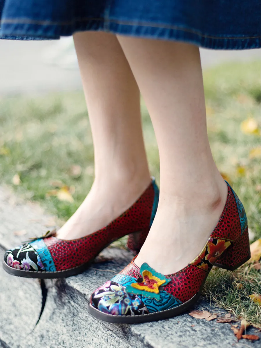 Butterfly Applique Floral Embossed Round Toe Mid Heel Leather Pumps
