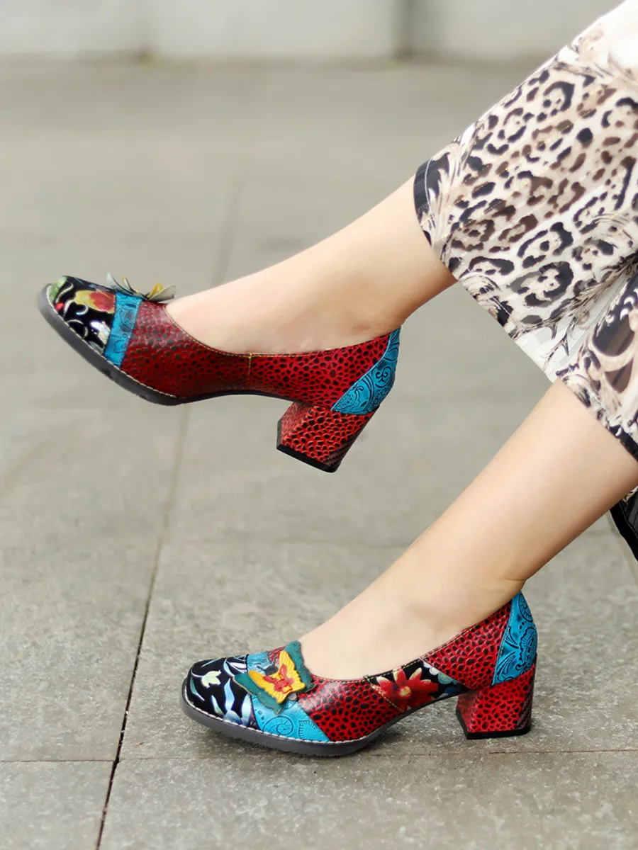 Butterfly Applique Floral Embossed Round Toe Mid Heel Leather Pumps