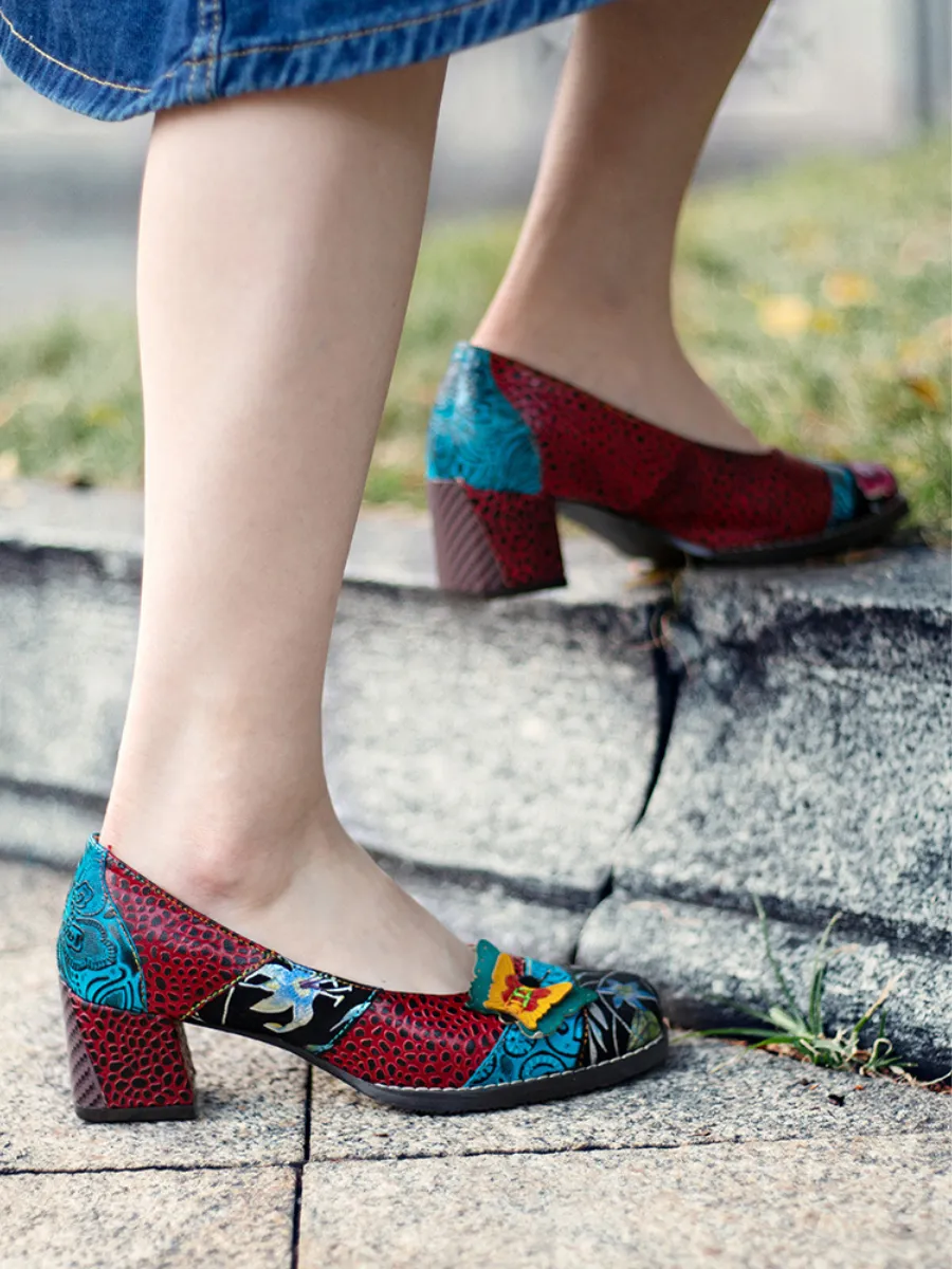Butterfly Applique Floral Embossed Round Toe Mid Heel Leather Pumps