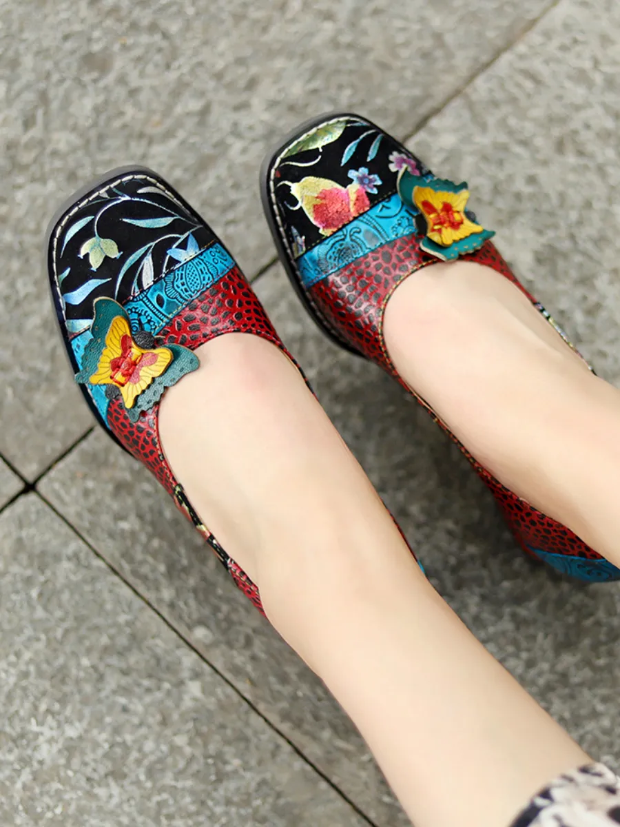Butterfly Applique Floral Embossed Round Toe Mid Heel Leather Pumps