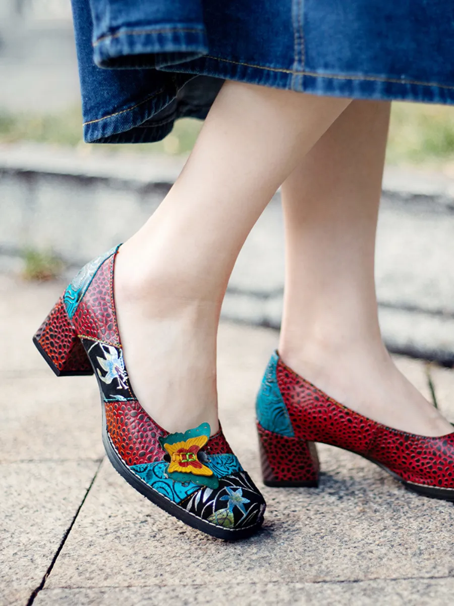 Butterfly Applique Floral Embossed Round Toe Mid Heel Leather Pumps