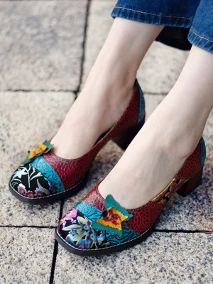 Butterfly Applique Floral Embossed Round Toe Mid Heel Leather Pumps
