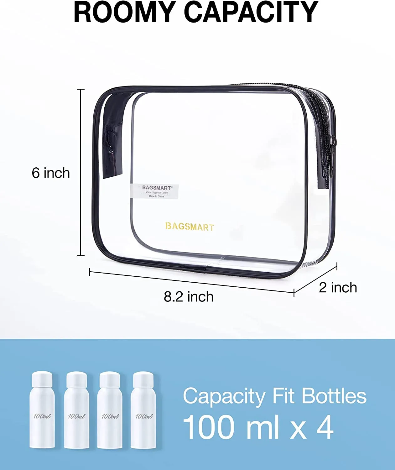 Clear Toiletry Bag, 2 Pack TSA Approved Travel Toiletry Bag Carry on Travel Accessories Bag Airport Airline Quart Size Bags Water Repellent Makeup Cosmetic Bag for Women (Black-2Pcs)