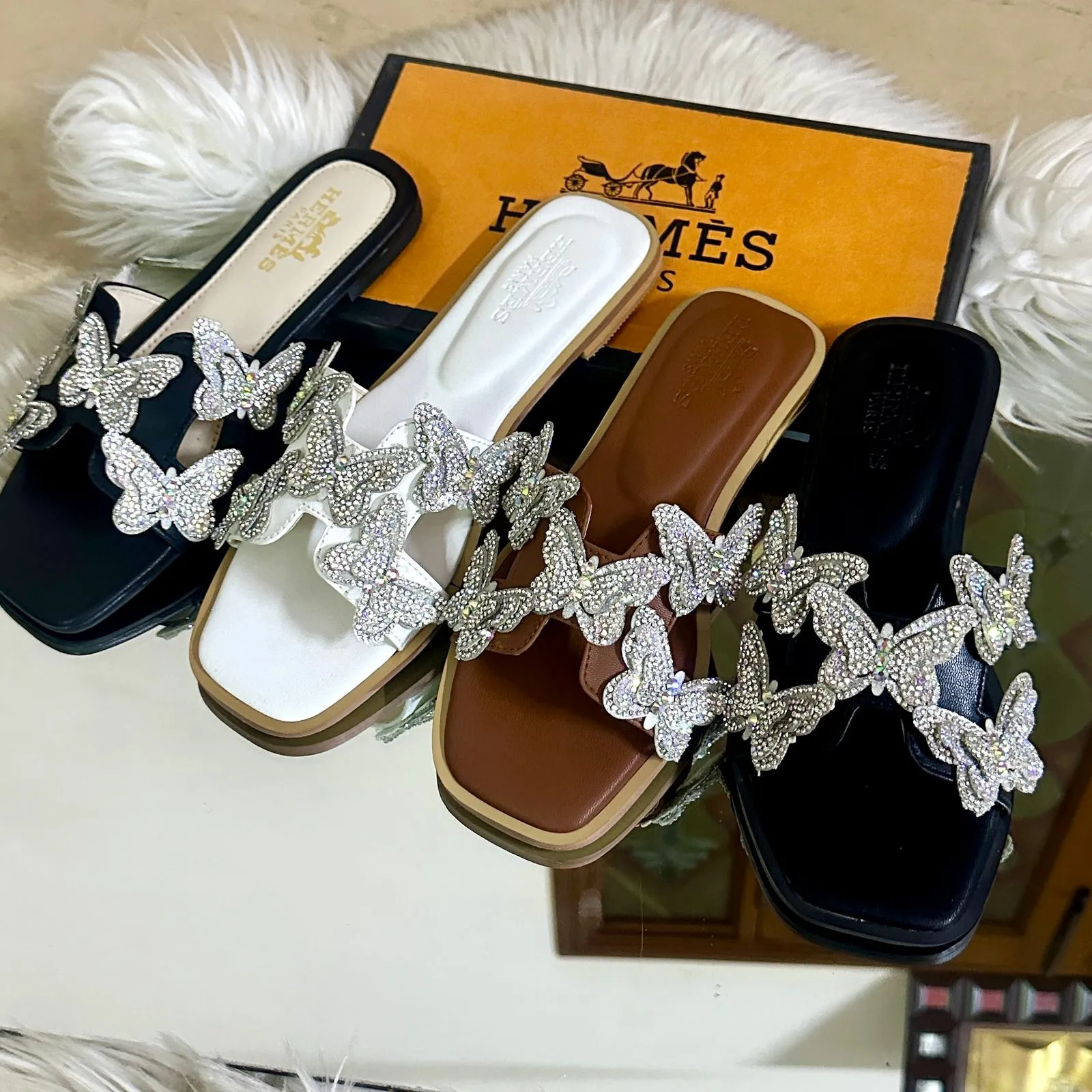 Crystal Butterfly Slides White
