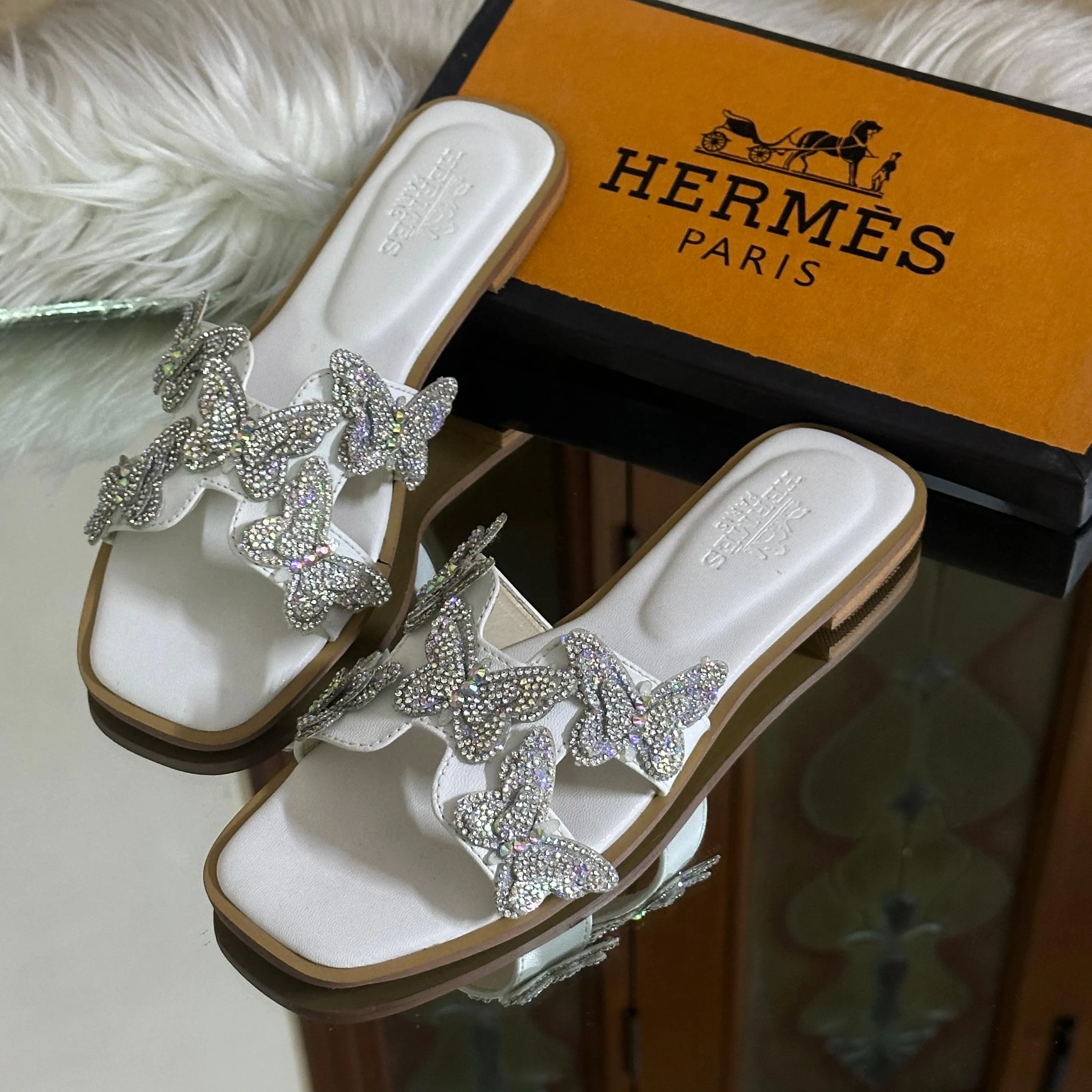 Crystal Butterfly Slides White
