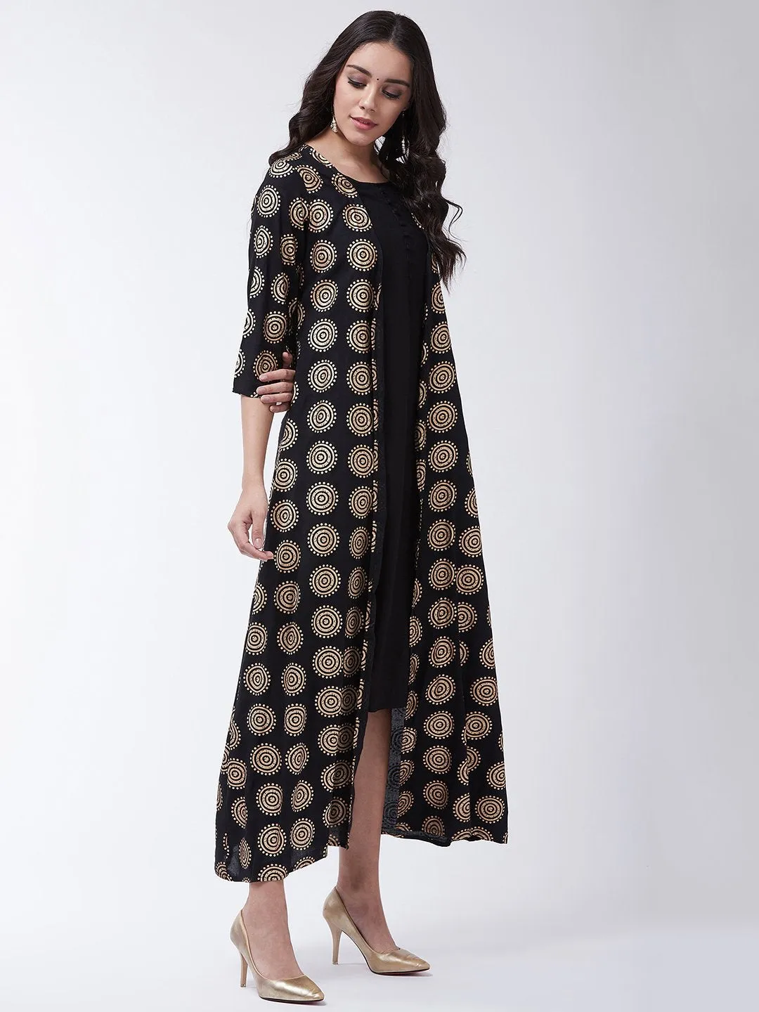 Floor Length Kurta With Jacket In Black & Gold
