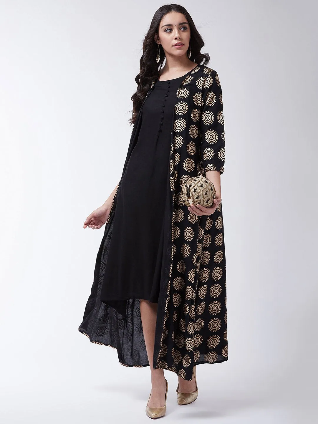 Floor Length Kurta With Jacket In Black & Gold