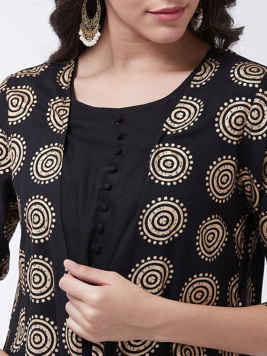 Floor Length Kurta With Jacket In Black & Gold