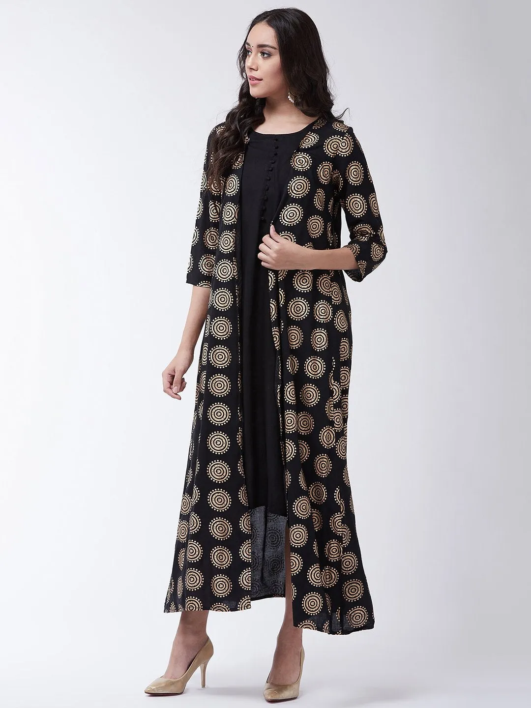 Floor Length Kurta With Jacket In Black & Gold