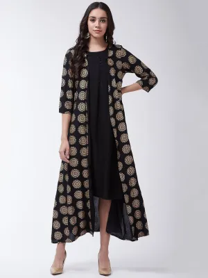Floor Length Kurta With Jacket In Black & Gold