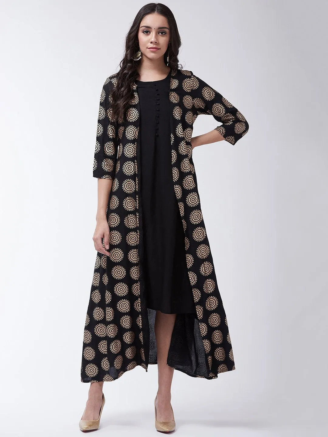 Floor Length Kurta With Jacket In Black & Gold