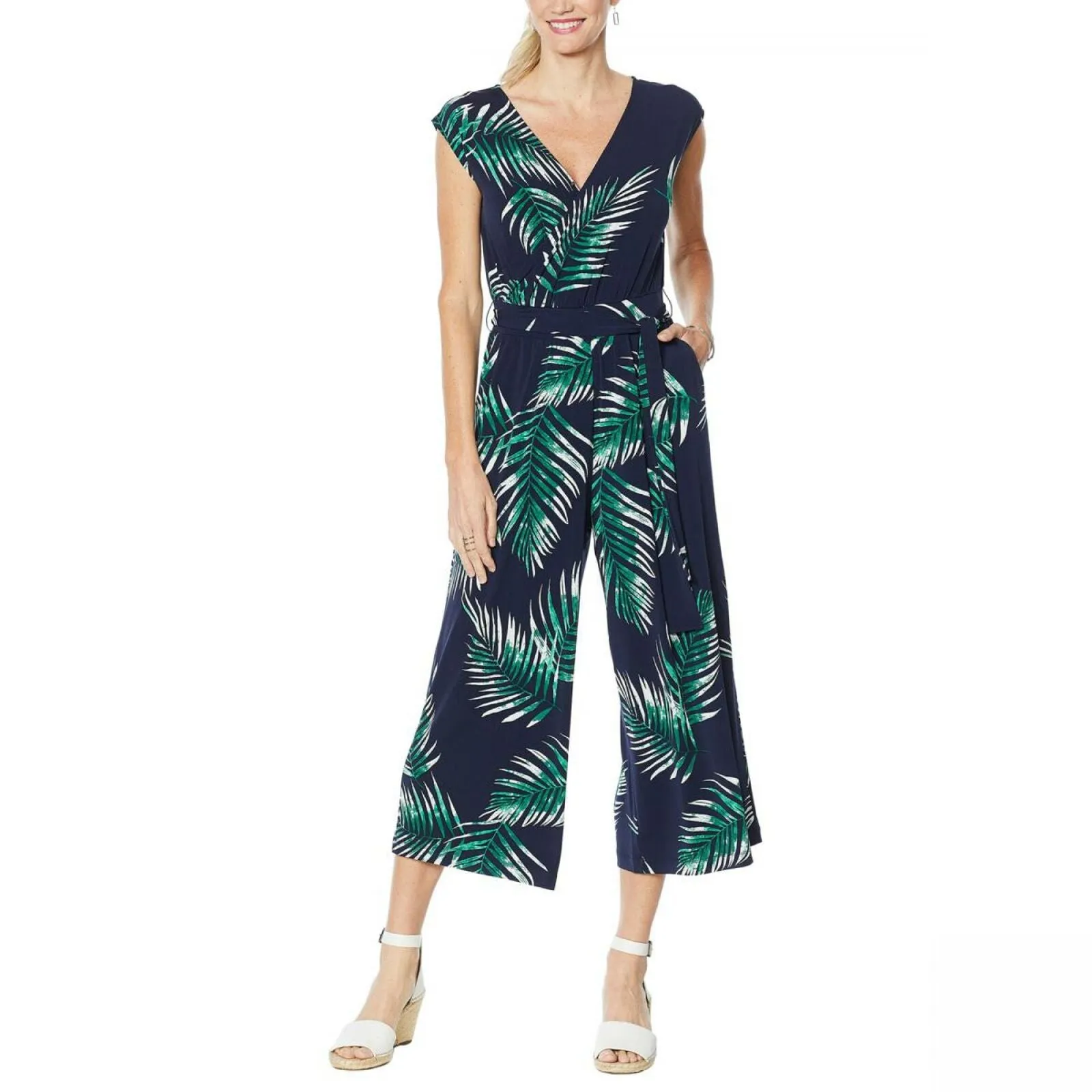 G by Giuliana Women's Belted Cropped Knit Jumpsuit Navy Palm XS