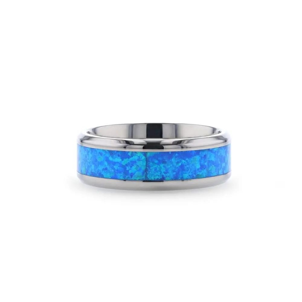GARY Men's Titanium Wedding Band With Blue Green Opal Inlay - 8 mm