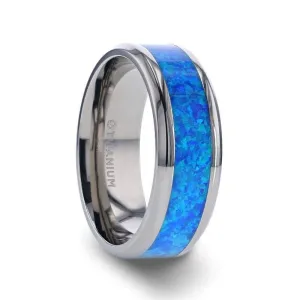 GARY Men's Titanium Wedding Band With Blue Green Opal Inlay - 8 mm