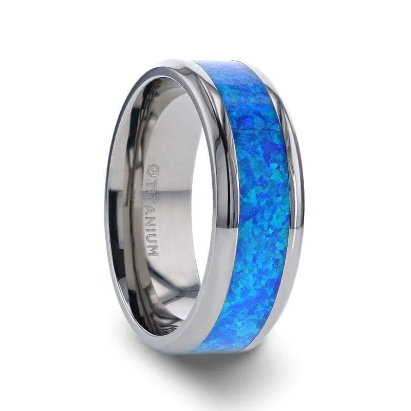 GARY Men's Titanium Wedding Band With Blue Green Opal Inlay - 8 mm