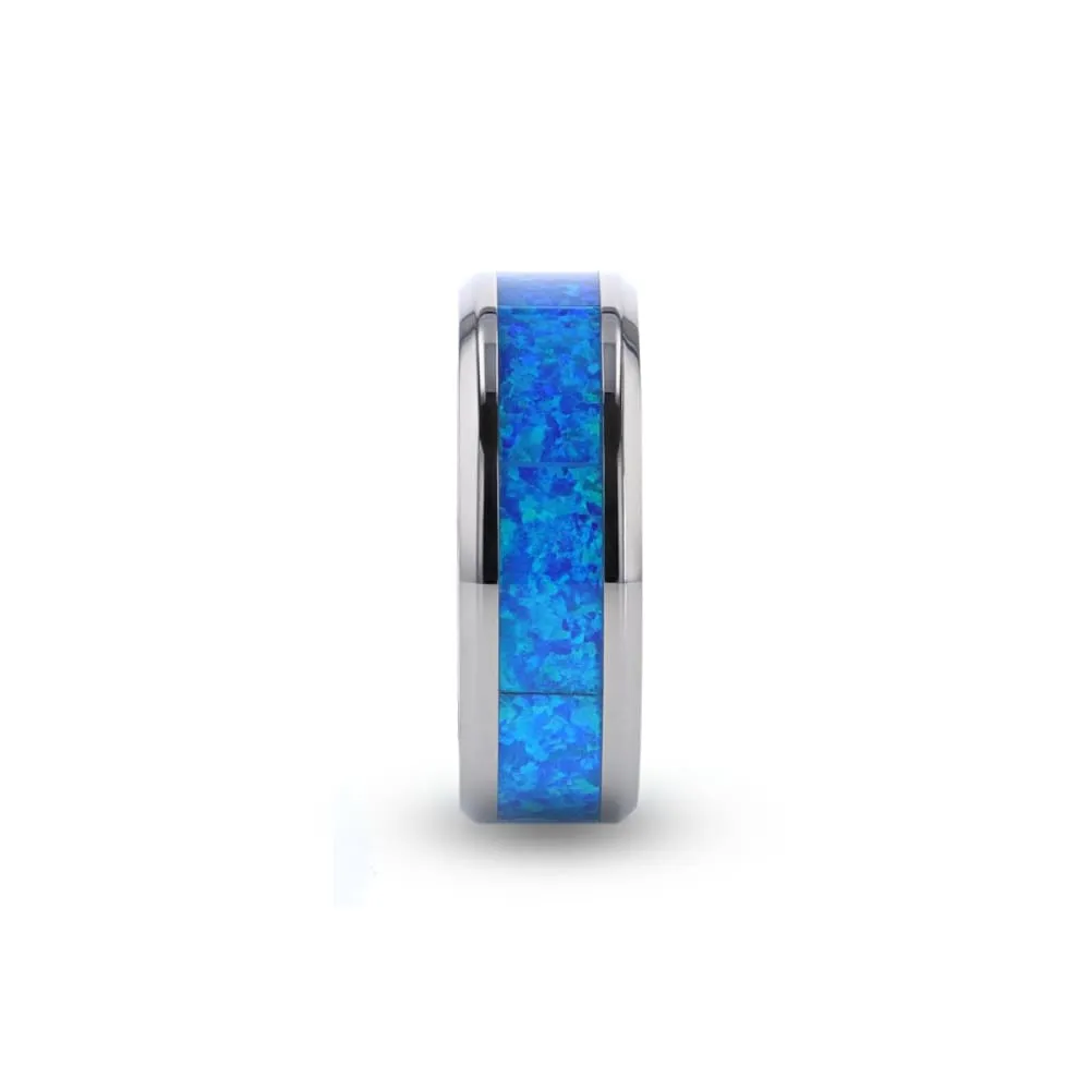 GARY Men's Titanium Wedding Band With Blue Green Opal Inlay - 8 mm