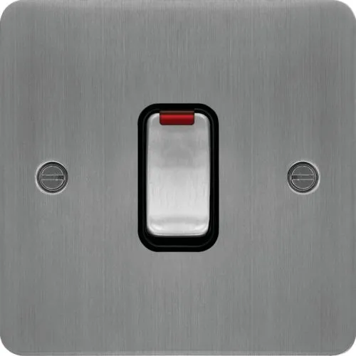 Hager WFDP84NBSB Sollysta Flat Plate 20A Double Pole Switch   LED Indicator - Brushed Steel   Black Insert