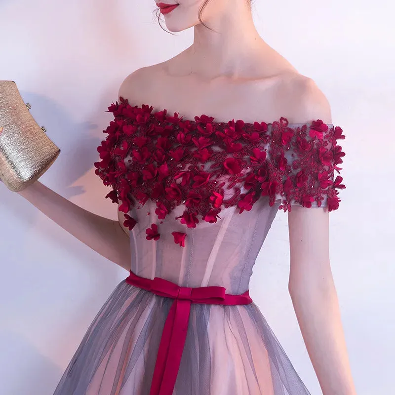High Low New Flowers Bridesmaid Dresses Plus Size Elegant Boat Neck Short Sleeves Pearls Robe De Soiree Princess Gown