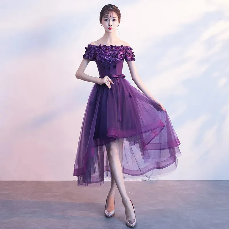 High Low New Flowers Bridesmaid Dresses Plus Size Elegant Boat Neck Short Sleeves Pearls Robe De Soiree Princess Gown