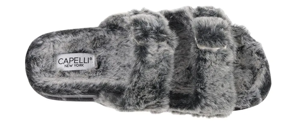 Ladies Faux Fur Double Strap Slide