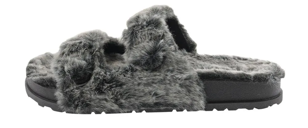 Ladies Faux Fur Double Strap Slide