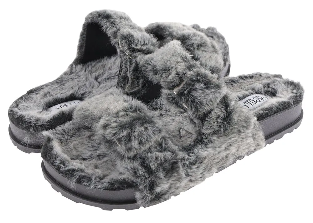 Ladies Faux Fur Double Strap Slide